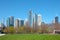 Downtown skyline, lake shore and Jane Addams Memorial Park in Chicago