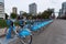 DOWNTOWN VANCOUVER, BC, CANADA - APR 26, 2020: Mobi shared bikes sit unused in English Bay due to the stay at home