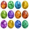 Dozen Colorful Easter Eggs Hand Painted And Decorated With Weed Leaves Imprints Isolated On White Background