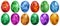 Dozen Colorful Easter Eggs Hand Painted And Decorated With Weed Leaves Imprints Isolated On White Background