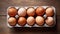 a dozen eggs in a box on a rustic wooden table