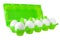 Dozen white eggs in open green plastic package on white background isolated close up side view