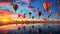 dozens of balloons taking flight against a backdrop of a dawn-painted sky