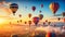 dozens of balloons taking flight against a backdrop of a dawn-painted sky