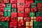 dozens of red and green gift boxes of varying sizes stacked high