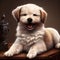 Dozing retriever puppy dog on a antique desk ai Generated, generative AI, CGI graphics