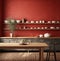 of a drab kitchen with red brick walls and a wooden table