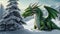 A dragon against a snowy landscape in the forest. Green Christmas dragon in the woods, generated AI