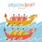 Dragon boat festival racing poster. Two ships in race. Vector flat cartoon illustration of an asian holiday with lettering quote.