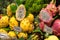 Dragon fruits at market in Barcelona