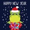 Dragon holds gifts. Happy new year greeting card with dinosaur. Vector illustration with cute character isolated background. Hand