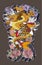 The Dragon and koi carp fish with water splash and peony flower,cherry blossom,peach blossom on cloud background.