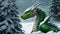 The dragon lurked in the snow. Green Christmas dragon in the woods, generated AI
