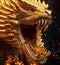 A dragon made of gold with gold scales, Golden dragon with teeth and open mouth, generated AI