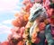Dragon mystic in smart suit, surrounded in a surreal garden full of blossom flowers floral landscape