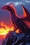 Dragon perched atop a craggy cliff at sunset