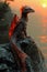 Dragon perched atop a craggy cliff at sunset