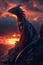 Dragon perched atop a craggy cliff at sunset