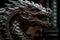 Dragon\\\'s head with an open large mouth. Scary snarling statue of serpent. Dragon scales