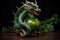 Dragon-shaped lantern in emerald hue on the table. Black background, side view