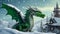 The dragon spreads its wings. Green Christmas dragon in the woods, generated AI