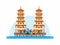 Dragon and Tiger Pagodas in Lotus Lake, Kaohsiung, Taiwan. Famous Temple Landmark Building Flat Cartoon illustration Vector