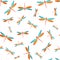 Dragonfly colorful seamless pattern. Repeating dress textile print with damselfly insects. Close up
