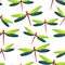 Dragonfly flat seamless pattern. Summer clothes textile print with damselfly insects. Flying water