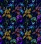 Dragonfly and Flowers. Seamless Pattern. Dark blue backgrounds. Summer night.