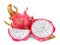 Dragonfruit with half and slice isolated on white