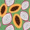 Dragonfruit pitaya, pitahaya and papaya bright seamless pattern. Summer fresh fruits background.