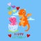Dragons happy birthday card, banner vector illustration. Cartoon funny little dragons with wings. Fairy dinosaurs flying