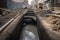 Drainage pipes in a construction site. Installation of sewer pipes. City street maintenance and construction, AI Generated