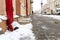 The drainpipes are covered with ice and snow. After a heavy snowstorm, the city is covered with snow and ice. There are many