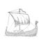 Drakkar floating on the sea waves. Hand drawn design element sailing ship. Vintage vector engraving illustration for
