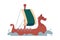 Drakkar or vikings battle ship in ocean waves, flat vector illustration isolated.