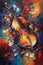 The drama and intensity of opera music in a bold and abstract painting art, theatrical shapes, rich, deep hues, music instrument