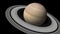 Dramatic 3D CGI space scene orbiting closely towards Saturns moon with the planet and its iconic rings dominating the background