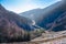 Dramatic aerial photo of a beauiful valley close to the Rausor Lake and Dam in Arges, Romania