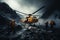 A dramatic aerial view of a helicopter airlifting a person to safety from a snow-covered peak, showcasing the expertise and