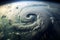 A dramatic aerial view of a hurricane swirling over the ocean, showing the massive storm system as it approaches a coastline,