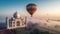 Dramatic Aerial View of the Taj Mahal in India with Hot Air Balloons Nearby - Generative AI