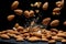 Dramatic almond eruption soaring through the air on a captivating black background