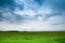 Dramatic blue sky and green meadow