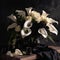 Dramatic bouquet with black calla lilies and white roses. Mother\\\'s Day Flowers Design concept