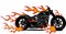 Dramatic burning motorcycle engulfed in fierce fiery orange flames and fire exploding sparks