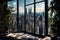 the dramatic cityscape framed by a sleek, narrow vertical window in an urban loft, emphasizing the juxtaposition of