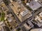 Dramatic close aerial view of skyscrapers in Oklahoma City, straight down view.