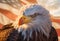 Dramatic Close-up of an American Bald Eagle Head Over An American Flag Abstract Background - Generative AI