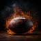 Dramatic close up of an American football ball surrounded by smoke